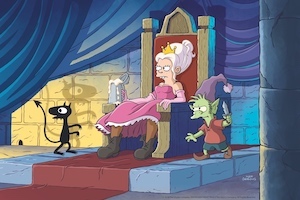 prinzessin tiabeanie auf thron, dämon luci, elf elfo, disenchantment, zeichentrick, serie