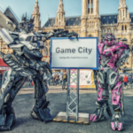 game city 2019, schild, roboter cosplay, mecha cosplay, rathaus wien,