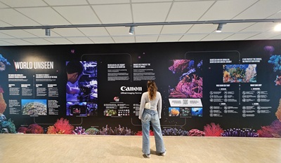 Frau vor der World Unseen Wall zum Thema Korallenriffe im Haus des Meeres