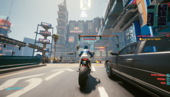 cyberpunk 2077, kritik, weibliche V, motorrad, japan town, highway, aussicht,night city,