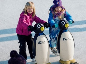 Kinder beim Eislaufen mit Pinguinfiguren zum Festhalten
