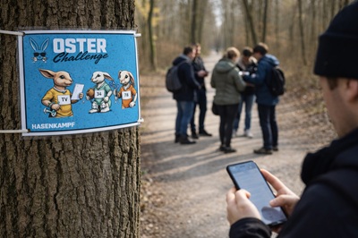 Ein auf einem Baum befestigtes Rätsel der Oste-Challenge im Grünen Prater in Wien. Davor ein Spieler mit Smartphone. Im Hintergrund sein Team.