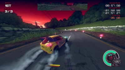 Inertial Drift, Auto driftet durch die Kurve, Abenddämmerung