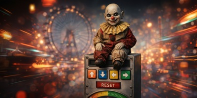 Gruselige Clownpuppe sitzt auf einem Apparat, im Hintergrund das Wiener Riesenrad