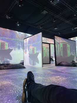 Bunt beleuchtete Wände im immersiven Raum der Monets Garten Ausstellung in Wien