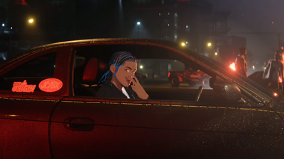 Im Rennwagen bei Nacht ist ein Charakter im Cartoon-Stil zu sehen