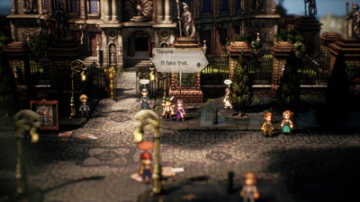Eine Stadt in Octopath Traveler II mit NPCs dargestellt in HD-Pixel-Grafik