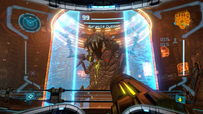 Samus Aran schießt auf den ersten Endgegner in Metroid Prime