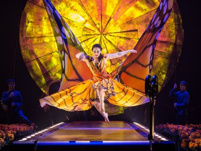 Frau als Schmetterling im Sprung am Laufband, als Cirque du Soleil Bühnenbild die Sonne als Scheibe