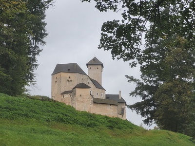 Von Bäumen gerahmter Blick auf die Burg Rappottenstein