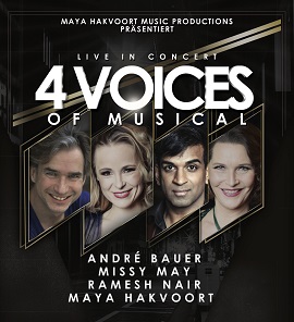 Die Portraits von André Bauer, Missy May, Ramesh Nair und Maya Hakvoort am Plakat von 4 Voices of Musical