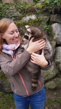 Frau hält Waschbär im Arm im Tierpark Buchenberg