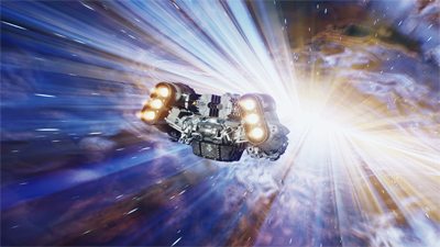 Ein Raumschiff fliegt mit Lichtgeschwindigkeit durch den Weltraum