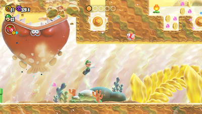Luigi schwimmt neben einem riesigen Monsterfisch