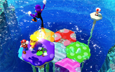 Waluigi springt über Mario auf Pilzen über dem Meer