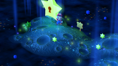 Mario hüpft durch eine Höhle mit Glitzersternen