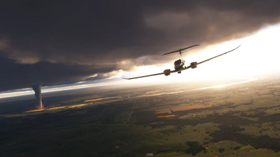 Ein Flugzeug fliegt zu einem Tornado