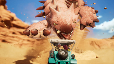 Die Helden von Sand Land fliehen vor einem riesigen Sandwurm im Dragonball-Stil