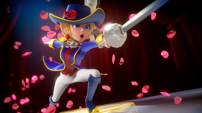 Prinzessin Peach mit einem Degen in Kampfstellung auf der Bühne - Szene aus dem Switch Spiel Princess Peach: Showtime!