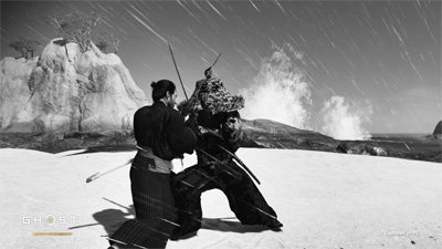 Ein Duell auf einer Wiese mit Schwarz-Weiß-Filter in Ghost of Tsushima