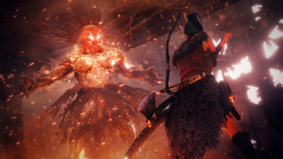 Ein Feuerdämon erscheint vor dem Spieler in Nioh 2