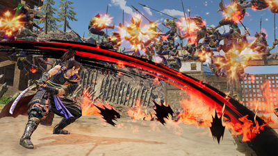 Mehrere Soldaten werden im Game Samurai Warrior 5 mit einem roten Schlitzer durch die Luft gejagt
