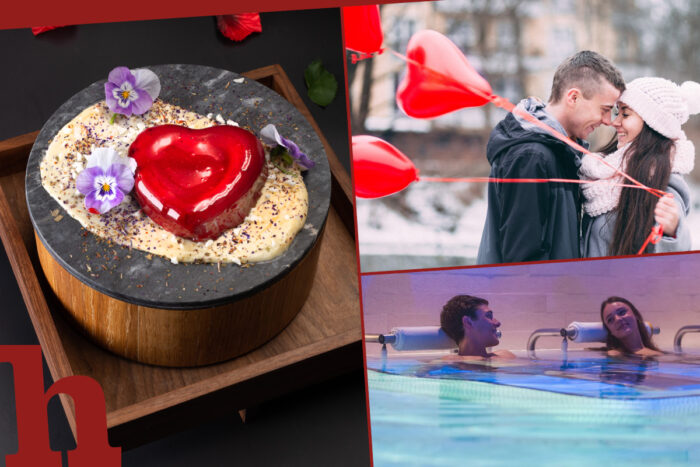 Valentinstag in Wien 2025 - Schokoladeherz Nachspeise, ein Pärchen mit Luftballons mit Herz und in der Therme