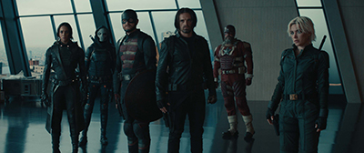 Ghost (Hannah John-Kamen), Taskmaster (Olga Kurylenko), John Walker (Wyatt Russell), Bucky Barnes (Sebastian Stan), Red Guardian (David Harbour), und Yelena Belova (Florence Pugh) in THUNDERBOLTS.