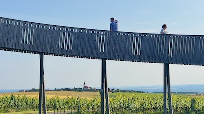 Eine Aussichtsrampe, auf Holzstelzen stehend, mit einem Geländer aus Holzlatten. Zwei Personen gehen auf ihr. Darunter sieht man Weingärten und ein Dorf mit Kirchturm.