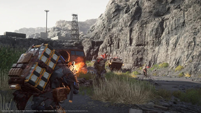 Sam Bridges schießt in einer Schlucht auf Gegner und trägt ein riesiges Gepäck am Rücken