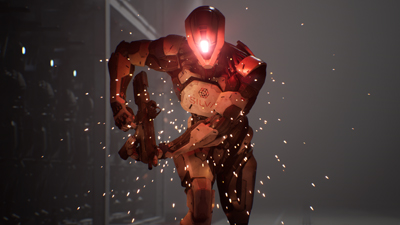 Ein Roboter mit einem Gewehr in der Hand und einem roten Licht im Kopf läuft schnell