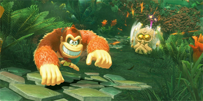 Donkey Kong schlägt in einem Wald auf den Boden und springt