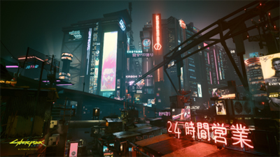 Die Skyline von Cyberpunk 2077 mit vielen Neonlichtern bei Nacht