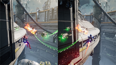Zwei Charaktere im Splitscreen von Split Fiction schießen Laser auf einer Hängebrücke