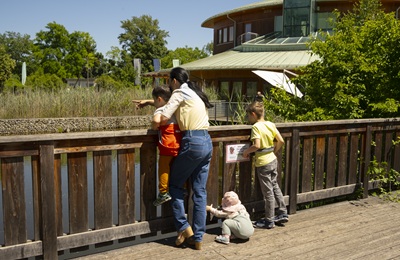 Mütter mit drei Kindern auf der Terasse vor dem Nationalparkhaus in der Wiener Lobau.