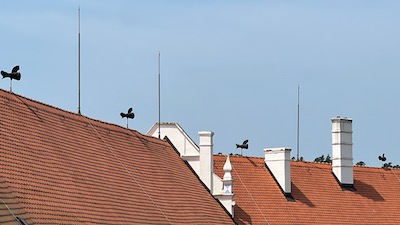 Mehrere Äolsharfen auf dem rotbraunen Dach einer Burg, mit weißen Rauchfängen.