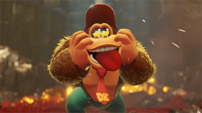 Donkey Kong hat Bananen in den Augen und lässt seine Zunge hängen, während er die Backen hält