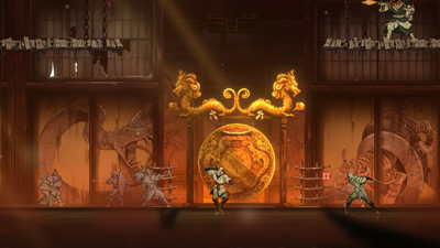 Joe in Shinobi Art of Vengeance hält sein Katana in einem goldenen Tempel