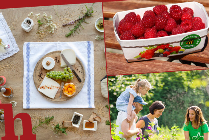 Himbeeren, gedeckter Tisch mit Spezialitäten und Familie mit Mitarbeiterin im Kräutergarten vom ADAMAH Biohof bei der Weinviertler Sommer Genusstour
