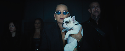 Sharon Stone als die fiese Gangleaderin Lendina mit Schoßhündchen