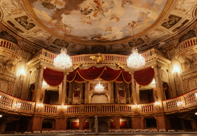 Theatersaal des Schlosstheaters Schönbrunn in barockem Stil....zu sehen sind der Balkon, seitliche Logen und das Parkett, Großteil des Saals ist cremegelb, die Vorhänge beim Balkon sind rot-ocker, an der Decke ist ein Gemälde von Himmel mit einem Barockengel zu sehen....an der Decke hängen zwei Kronleuchter