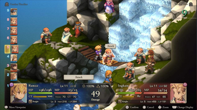 Ein Taktik-Feld im Final Fantasy Tactics Remaster, mehrere Charaktere sind nahe eines Wasserfalls platziert