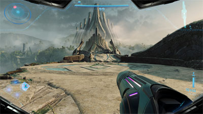 Samus blickt aus der Egoperspektive auf eine helle Gegend mit einer Festung im Hintergrund