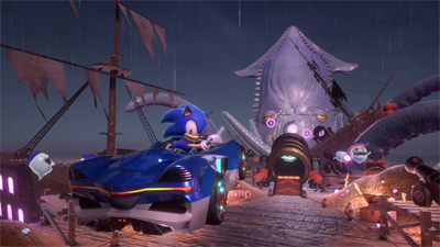 Sonic sieht nach hinten, während auf der Strecke vorne eine Riesenkrake lauert