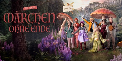 Das Ensemble am Poster der Simpl- Revue Märchen ohne Ende