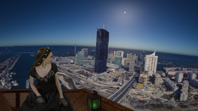 Screenshot aus einer virtuellen 5D-Reise zeigt eine Sisi-Darstellerin in Schwarz in einem Boot, das vor der WIener UNO-CIty (schwarzer Turm) schwebt bei sonnenklarem, blauen Himmel
