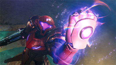 Samus Aran hält in Metroid Prime 4 ihre Faust in den Himmel und der Handschuh ihres Anzugs leuchtet violett