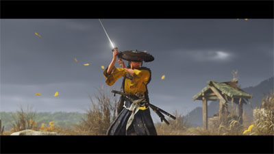 Die Protagonistin von Ghost of Yotei hält in einem offenen Feld das Katana nach oben