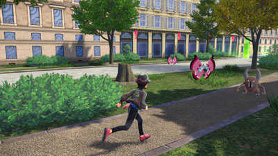 Ein Pokémon Trainer rennt in einer Stadt in die Richtung eines Pinsir in Pokémon Legenden: Z-A