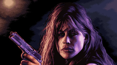 Sarah Connor als Pixel-Portrait in Terminator 2D